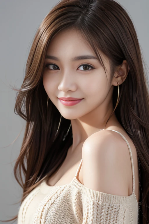 Highest quality, Realistically, Super detailed, High resolution, Plain background,8k wallpaper, One beautiful woman,,Light brown messy hair, Black see-through knit dress, Lock Focus, Perfect dynamic composition, Beautiful Eyes, Delicate hair, smile, Close-up portrait, Model body type