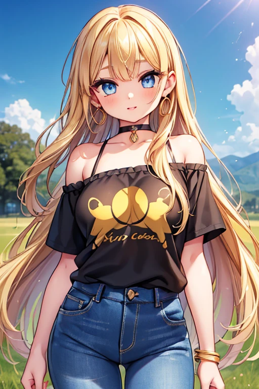 #基本
A girl is posing for a photo, ((One Girl)), (((Baby Face:1.2)) + ((cute:1.3))),
#A girl is posing for a photo, ((One Girl)), (((Baby Face)) + ((cute)) + ),
break
#Clothing Accessories
((Black T-shirt)) + ((Blue denim skinny pants)) + (Black High Heels) + (Black choker),
(Gold hoop earrings), (gold fancy bracelet),
break
#Features
((Blonde)), ((Shoulder-length horizontal hair)), (Long Hair : Long Hair + Voluminous Hair + Fuller Hair + Wavy Hair),
((Droopy eyes), blue eyes, (Big eyes:1.4)), (Small breasts),
break
#background environment
(noon, (sunlight shines, Azemichi, Rural landscape)),
#Facial Expression Pose
((smile)), ((Standing with an air of elegance, Put your hands behind your head)),
#composition
(Face the camera, (Focus from the front), (Cowboy Shot)),
break
#Body parts elements
(Slim figure),
(Detailed Hair, Beautiful Hair, Shiny Hair),
(double eyelid, Long eyelashes),
(Expression of fine eyes, Beautiful and delicate eyes, Sparkling eyes, Eye Reflexes, Glitter Eyeliner),
(Human Ear),
(Beautiful Nose, Thin Nose),
(Glossy Lips, Beautiful Lips, Thick lips, Glossy Lips, Natural Cheeks),
(Detailed face, Symmetrical facial features),
(Detailed skin, Textured skin, Beautiful Skin, Glowing Skin),
break
#Quality Image Quality Common
(((Highest quality)), ((masterpiece)), ((Very detailed))), ((Ultra-high resolution)), ((16K, 1080P)), ((FHD)),
(Anatomically correct), (Realistic), (3DCG), (oil),
#Quality image illustration
((comics, anime)), CG illustration,