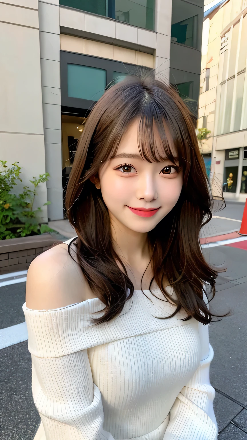 High resolution, Highest quality, Perfect dynamic composition, Beautiful attention to detail, Off the shoulder、Shiny Hair、Medium Hair, Natural color lip, university student、Harajuku、smile、squat、M-shaped feet