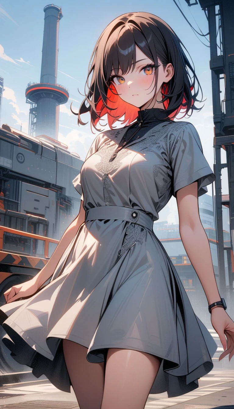 ((best quality)) , ((masterpiece)) , (detailed),Color splash, (((1girl))) , wearing Shabby Chic Wrap dress, has metallic plating, Colored hair, ((Fossil fuel power station)) in background,corporate branding style. professional, clean, modern, sleek, minimalist, business-oriented, highly detailed