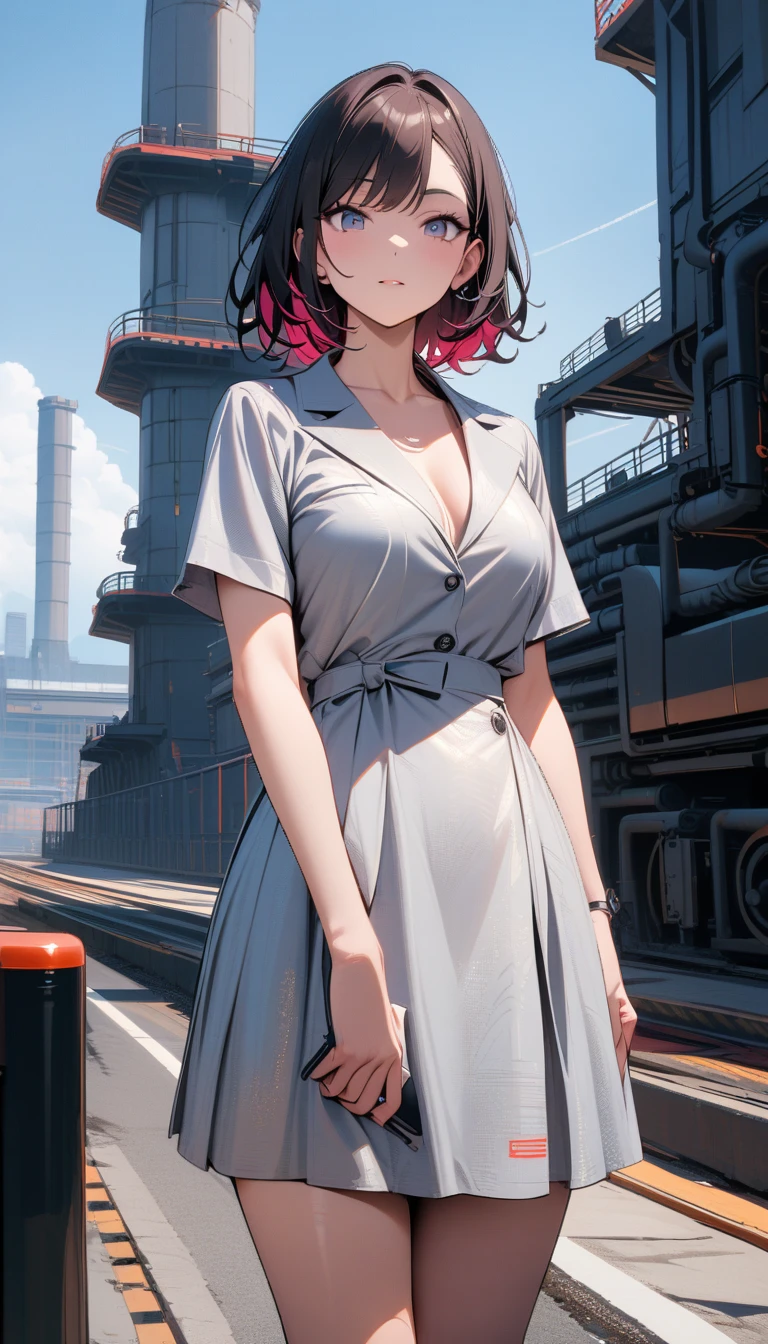((best quality)) , ((masterpiece)) , (detailed),Color splash, (((1girl))) , wearing Shabby Chic Wrap dress, has metallic plating, Colored hair, ((Fossil fuel power station)) in background,corporate branding style. professional, clean, modern, sleek, minimalist, business-oriented, highly detailed