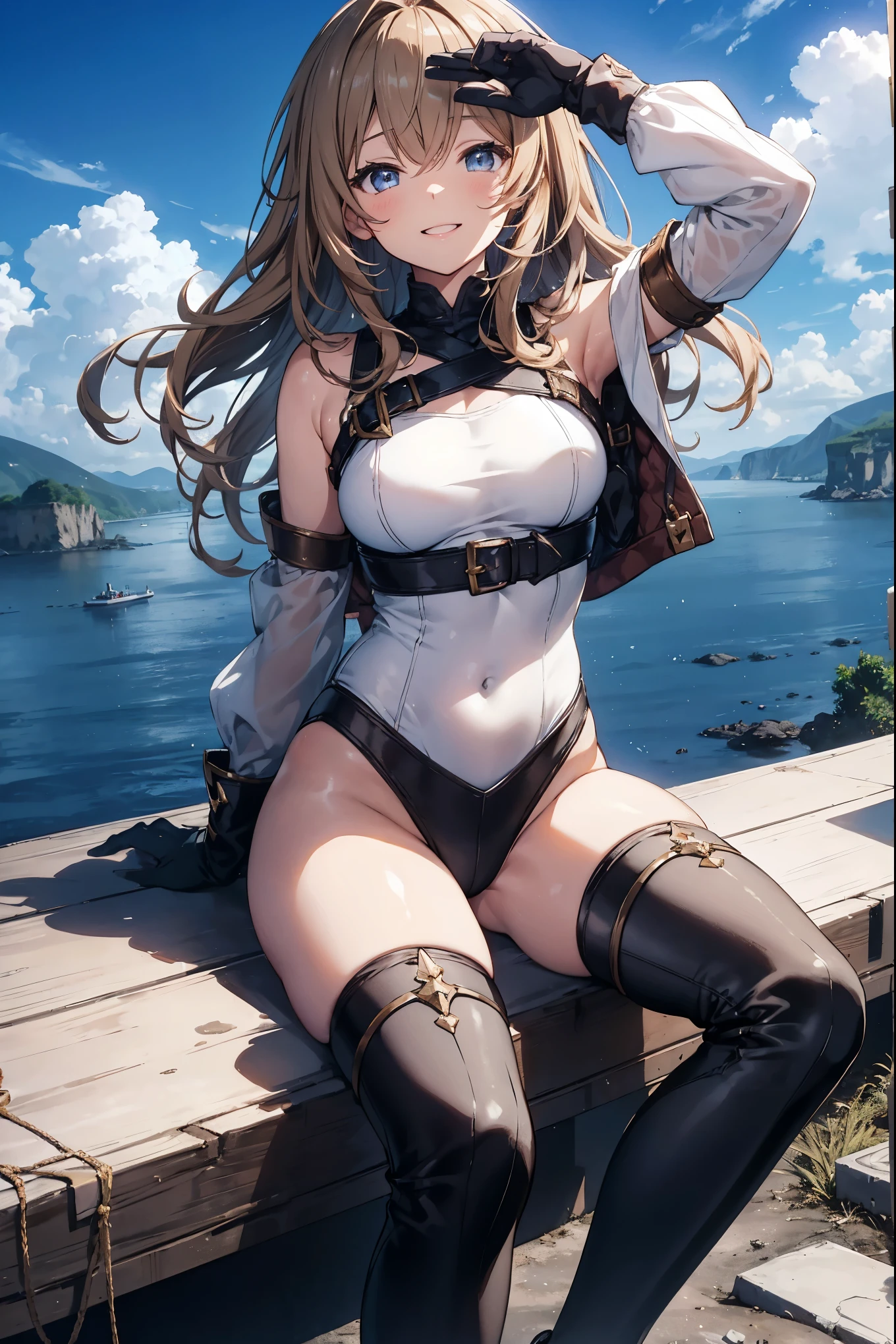 GRANBLUEfantasy,1young_teen_ girl,brown_hair,medium_bob_hair,platina_blond_hair,white_leotard,covered_crotch,thigh-highs,smile,standing,bluesky_landscape_background,slightly_spread_legs,happiness, short_gloves ,solo, r18, navel,relicbuster,short,boots,open_mouth,sitting,knees,