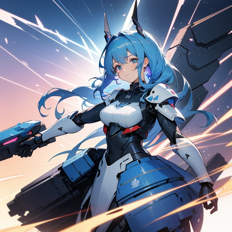 ((Masterpiece, Best Quality)), blue hair, cat tail, Green eyes, cyberpunk robot parts, smiles, happy, thicc, big breasts, big ass, illustration, ultra-detailed 8K, realistic, clear focus, highly detailed, professional lighting, colorful details, colors BREAK factory super long shot, (1 large mechanical robot), microchip, computer, luminescence, intricate details, shitu-mecha, race start pose, ready for launch, one hand in the ground, sparks, cannon blast,