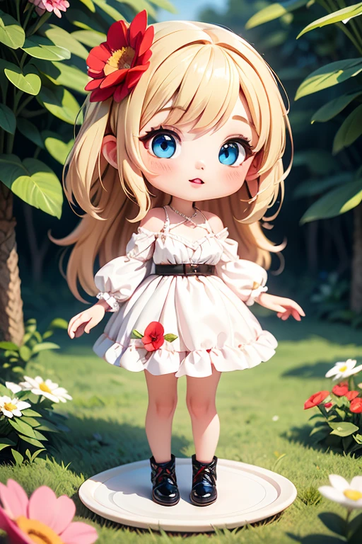 (best quality:1.4),(masterpiece:1.4),(8K:1.4),(extremely detailed:1.4),1girl,(heterochromia:1.4),(red eyes:1.4),(blue eyes:1.4),bare legs,bare shoulders,black footwear,(very long blonde hair:1.2),blue eyes,breasts,cake,cup,dress,flower,hair flower,hair ornament,heterochromia,high heels,lamp,long hair,long sleeves,looking at viewer,parted lips,plant,plate,potted plant,red eyes,solo,thighs,underwear,vase,very long hair,white dress,white flower,standing,