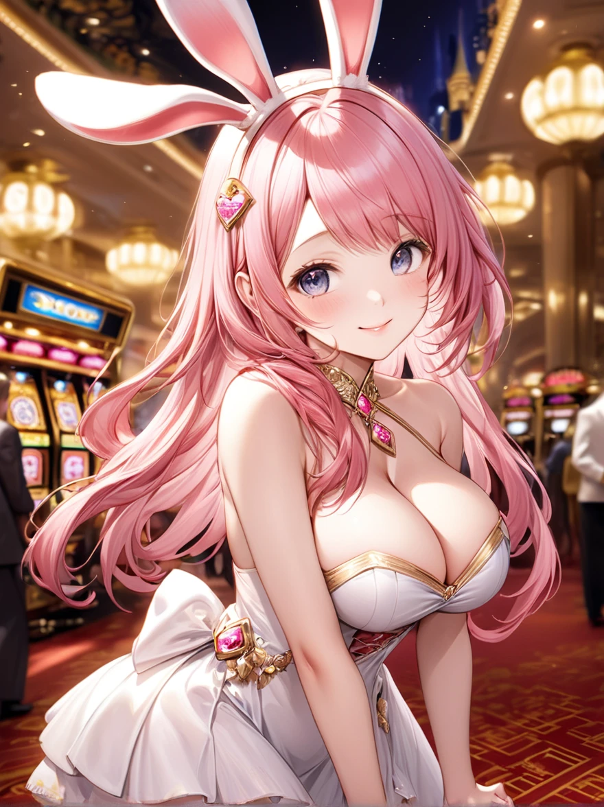 (Highest quality, 8k, 32K, masterpiece, Ultra-high resolution,:1.2),to be born, One Girl,So cute , Casino-like fantasy background, clear, Shining Eyes, Age 25 ,Fair skin, Pink Haired Girl, Fantasy Clothing, Long Hair, An innocent smile, Large Breasts, Big Breasts, dress, night, Bunny girl, Rabbit Ears,