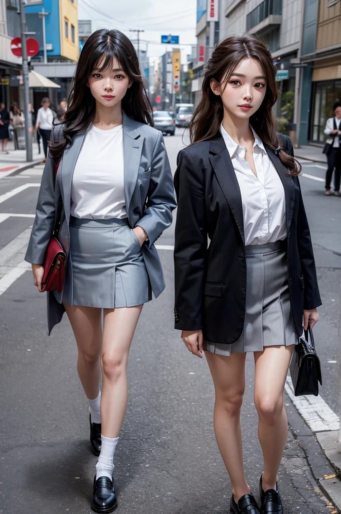 (8k, RAW photo, best quality, masterpiece:1.2), (realistic, photo-realistic:1.4), (extremely detailed 8k wallpaper), Japanese 20 age woman,Ultra-detailed face, Detailed eyes, Double eyelid, school bag,blazer, summer , short skirt, black socks, loafers, full body,date,(random hairstyles, Huge breasts :1.2),random poses,random outfit,random clothes color,random smile