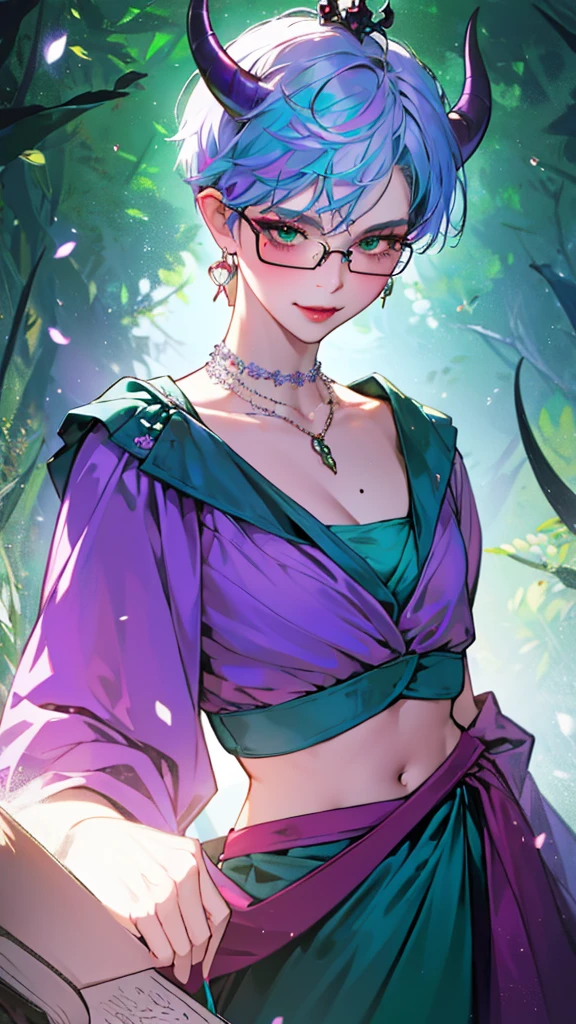 8k, masterpiece, best quality, highly detailed, 1 girl, tiefling, warlock, pixie cut, multicolored hair, very short straight hair green highlight hair on white hair, strippled hair, wearing glasses, round glasses, sexy, earrings, navel piercing, red eyeshadow, long eyelashes, blushed cheek, red lips, necklace, rings, collarbone, mole on face, glamorous, teal clothing, purple clothes, smirk, close up view, rings, looking at viewer, demon horns, solo, forest, blue pale moon, standing, royal dress, wearing crown, devil books, back toward viewer, looking over shoulder.