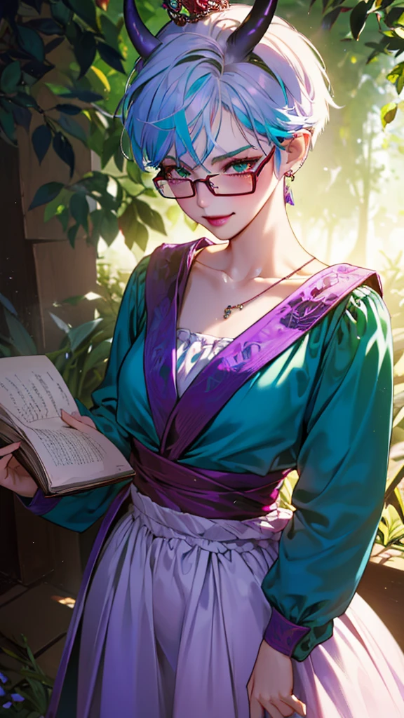 8k, masterpiece, best quality, highly detailed, 1 girl, tiefling, warlock, pixie cut, multicolored hair, very short straight hair green highlight hair on white hair, strippled hair, wearing glasses, round glasses, sexy, earrings, navel piercing, red eyeshadow, long eyelashes, blushed cheek, red lips, necklace, rings, collarbone, mole on face, glamorous, teal clothing, purple clothes, smirk, close up view, rings, looking at viewer, demon horns, solo, forest, blue pale moon, standing, royal dress, wearing crown, devil books, back toward viewer, looking over shoulder.