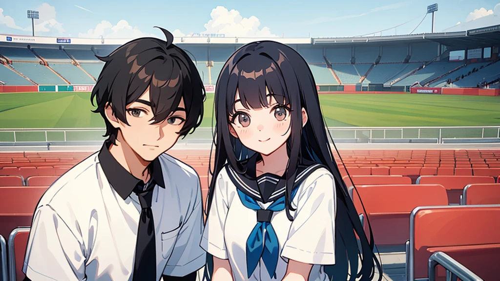 The background is the seats at an outdoor baseball stadium in midsummer.、Upper body of a duo of a man and a woman wearing summer sailor uniforms2shot。The first person is a woman, short, , cute, and bright with bleached hair and short, straight bangs.。The second person is a tall man with short, jet black hair.。Both of them are looking at me with big smiles and making cute poses.。There is a height difference between men and women, with men being taller。