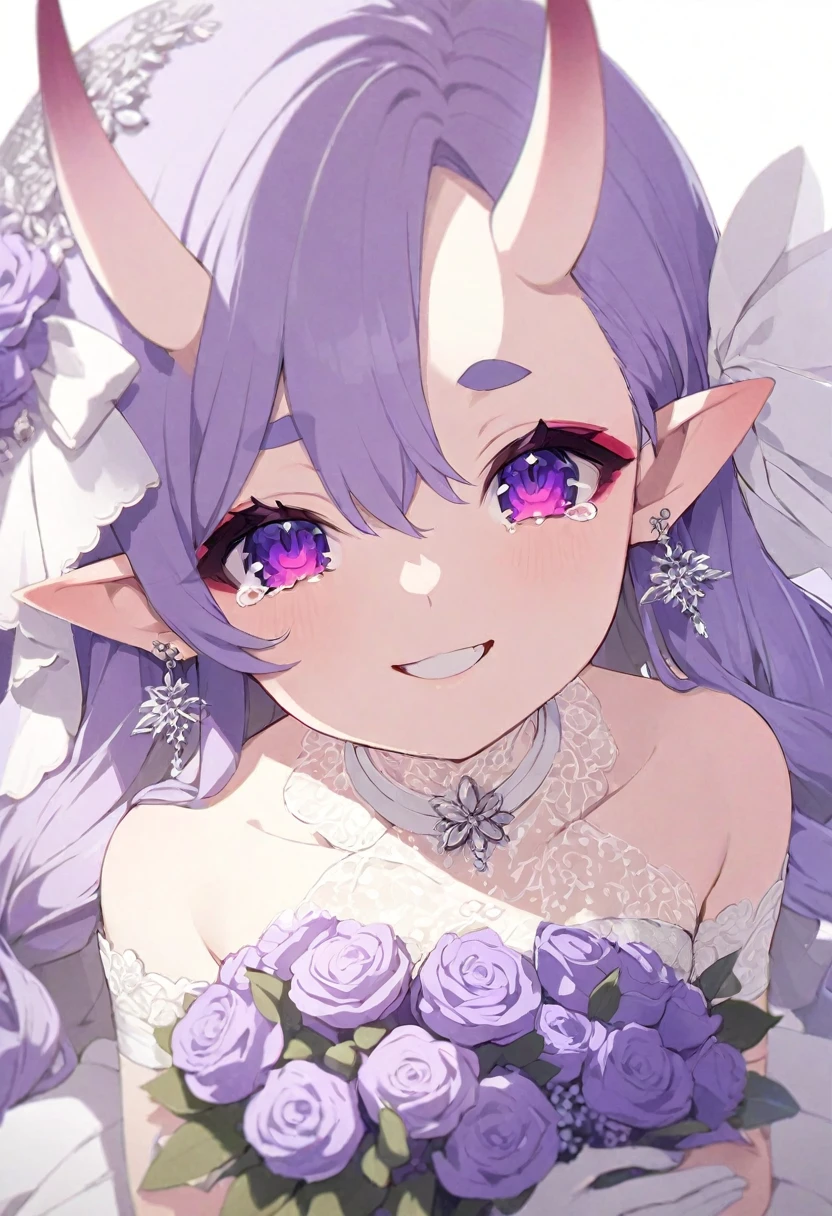(muste piece), (best quality), (score_9, score_8_up, score_7_up), very detailed eyes, expressive eyes, perfect face, very detailed face, highly detailed face, beautiful girl, 8K, beautiful girl, white background, delicate and beautiful face and eyes, dark intense shadow, 1 girl, vtuber style, cool girl, vtuber, Nijisanji, Rindou Mikoto, oni horn, see-through:Wedding dress, sleeveless dress, white Long glove, holding wedding bouquet, small chest, clavicle, happy smlie, Crying with joy, (upper body),