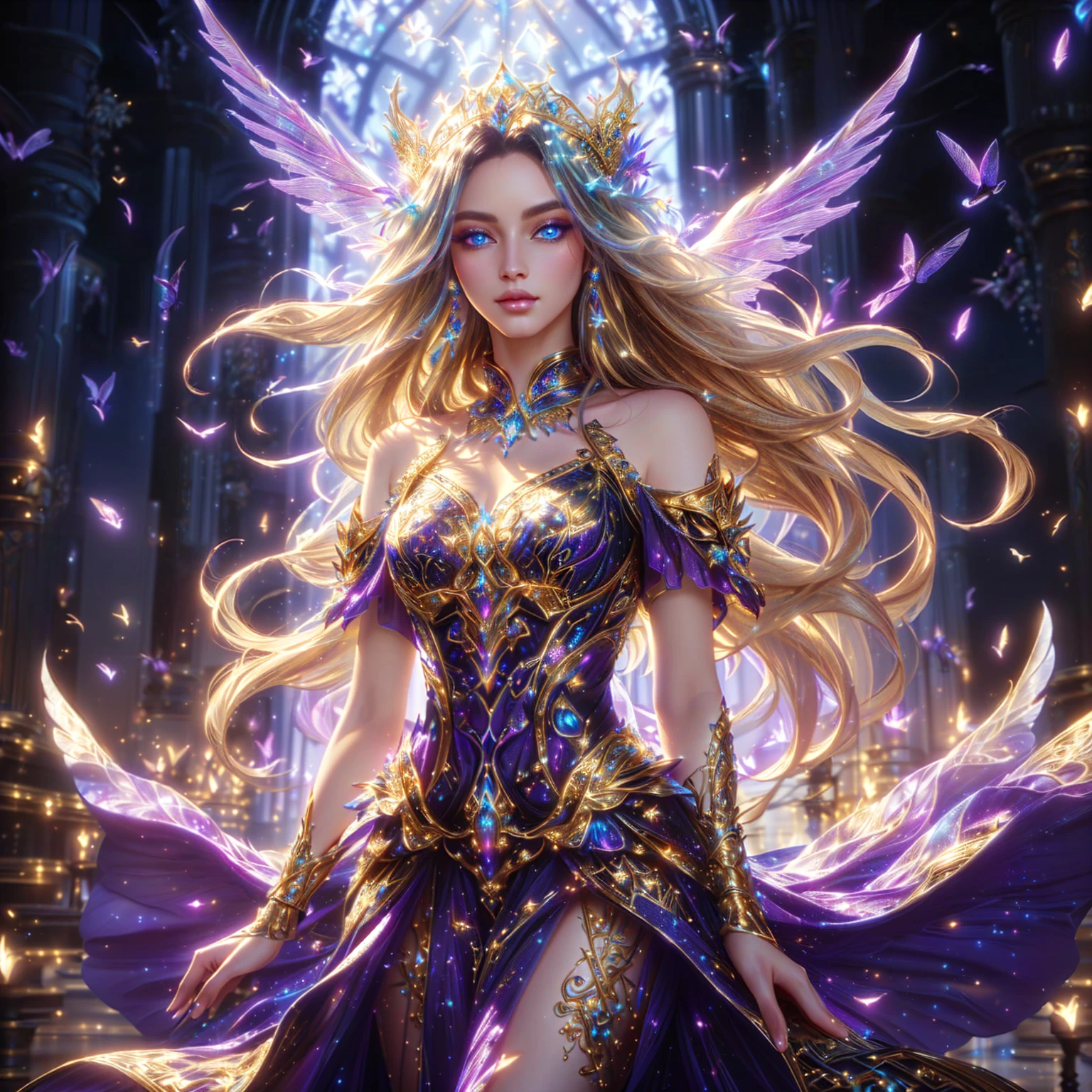 Supermodel woman, beautiful goddess in a beautiful white and gold dress. Long black hair and wings, Fantasy art style, ((Beautiful Fantasy Empress)), Detailed fantasy art, Beautiful Fantasy Empress, epic , beautiful heavenly mage, Ethereal fantasy, beautiful and elegant queen , gorgeous blue eyes ,