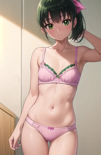 naomidorikawa, Nao Midorikawa, short hair, (Green Eyes:1.3), ponytail, Green Hair, ribbon, hair ribbon, smile, Thighs、Bed、blush、Shame face、(((Cute pink bra:1.3、Cute pink panties)))、break indoors,classroom,Raise your arms and place them behind your head、
break looking at viewer, ???? pose、
break (masterpiece:1.2), Highest quality, High resolution, unity 8k wallpaper, (figure:0.8), (Beautiful attention to detail:1.6), Highly detailed face, Perfect lighting, Highly detailed CG, (Perfect hands, Perfect ???????),