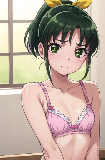 naomidorikawa, Nao Midorikawa, short hair, (Green Eyes:1.3), ponytail, Green Hair, ribbon, hair ribbon, smile, Thighs、Bed、blush、Shame face、(((Cute pink bra:1.3、Cute pink panties)))、break indoors,classroom,Raise your arms and place them behind your head、
break looking at viewer, Sexy pose、
break (masterpiece:1.2), Highest quality, High resolution, unity 8k wallpaper, (figure:0.8), (Beautiful attention to detail:1.6), Highly detailed face, Perfect lighting, Highly detailed CG, (Perfect hands, Perfect Anatomy),