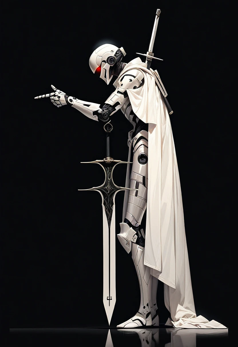 1 boy, alone, profile, plain background, white armor, white glowing eyes, full body, light armor, white hair, cyberpunk, sword pointing at the ground, white cape, holding a sword stuck in the ground, sword with white and black engravings, black background, full white armor, white futuristic helmet, standing pose leaning on the sword, tight armor, dark aura, white mechanical arm, side view