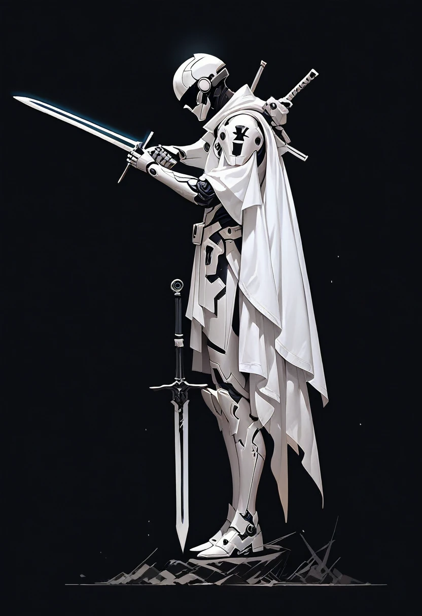 1 boy, alone, profile, plain background, white armor, white glowing eyes, full body, light armor, white hair, cyberpunk, sword pointing at the ground, white cape, holding a sword stuck in the ground, sword with white and black engravings, black background, full white armor, white futuristic helmet, standing pose leaning on the sword, tight armor, dark aura, white mechanical arm, side view