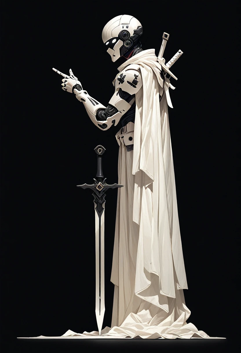 1 boy, alone, profile, plain background, white armor, white glowing eyes, full body, light armor, white hair, cyberpunk, sword pointing at the ground, white cape, holding a sword stuck in the ground, sword with white and black engravings, black background, full white armor, white futuristic helmet, standing pose leaning on the sword, tight armor, dark aura, white mechanical arm, side view