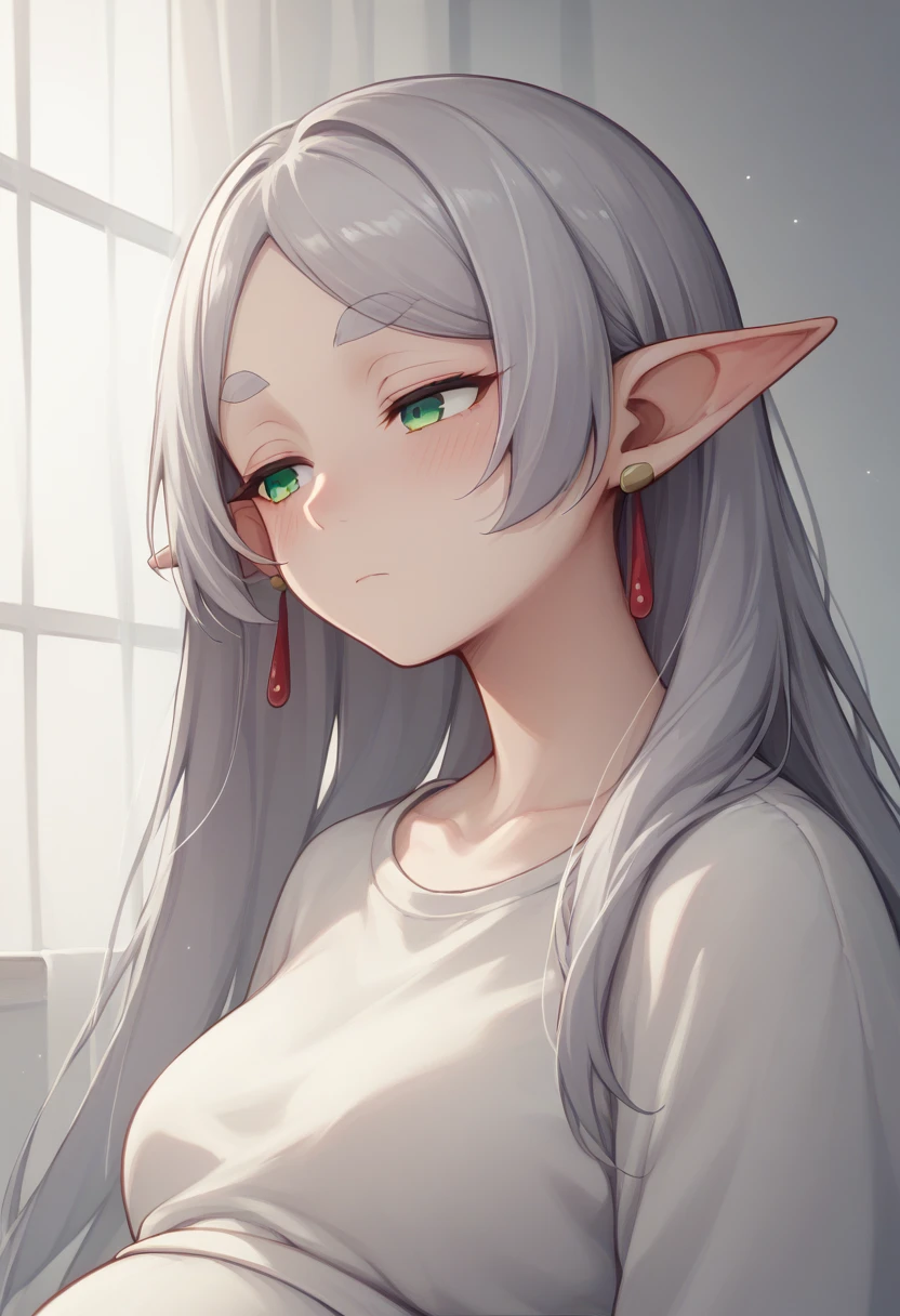 Nereil、
Freezing、Medium Bust、nude、Pointy Ears, Long Hair, jewelry, Green Eyes, Earrings, clavicle, Mouth closed, Thick eyebrows, Gray Hair、Expressionless、blush、Half-closed eyes、Bedroom、Pregnant women、Huge pregnant woman's belly:2