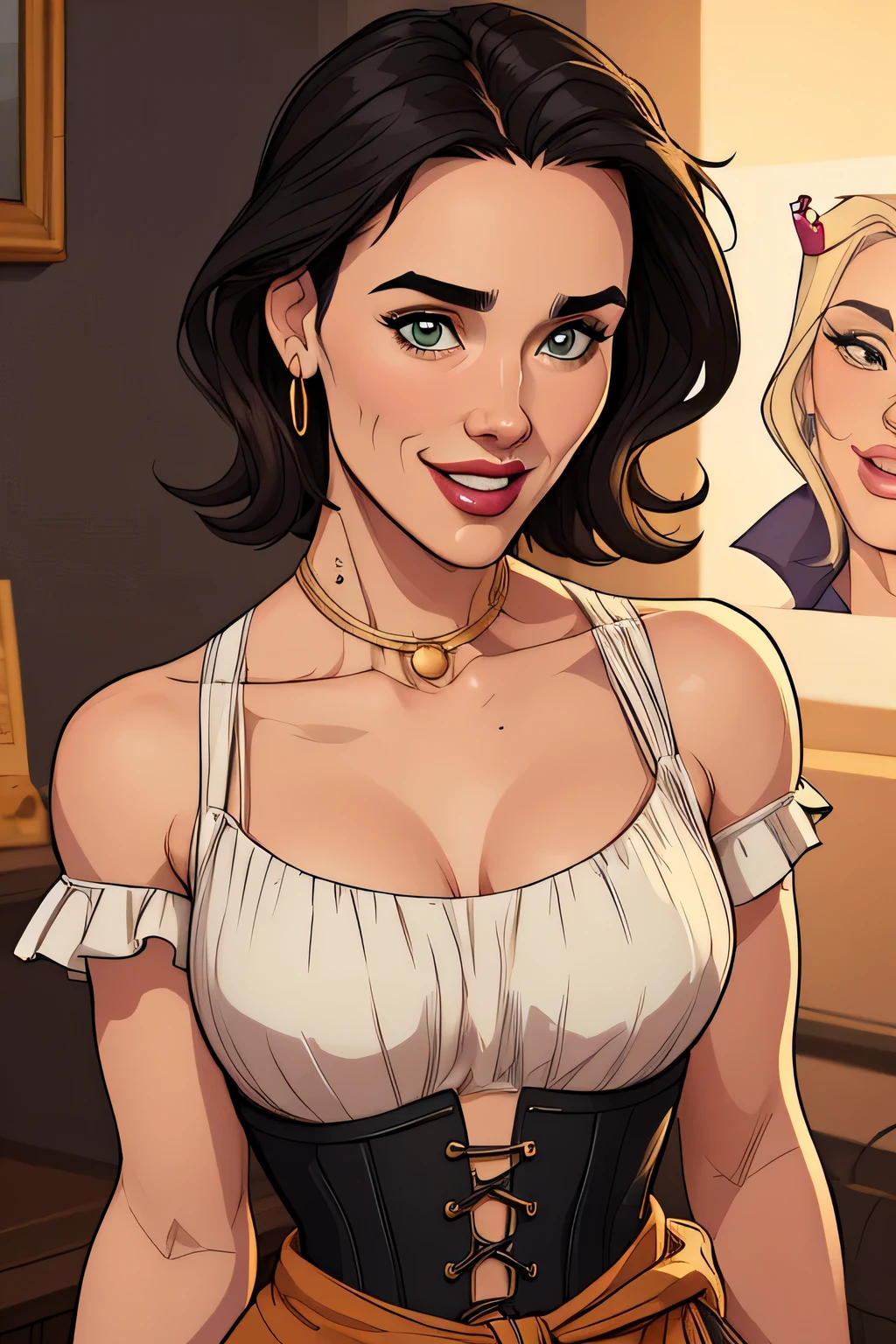 Xena warrior princess GTA sensual portrait mode sesys style Cartoon style digital illustration together boyfriends Cartoon style character GTA portrait mode Cartoon style character happy facial expression beautiful smile and six medium small portrait mode waist up with lots of gold around other precious stones portrait mode Waist up queen of the south Jennifer Connelly GTA dominatrix