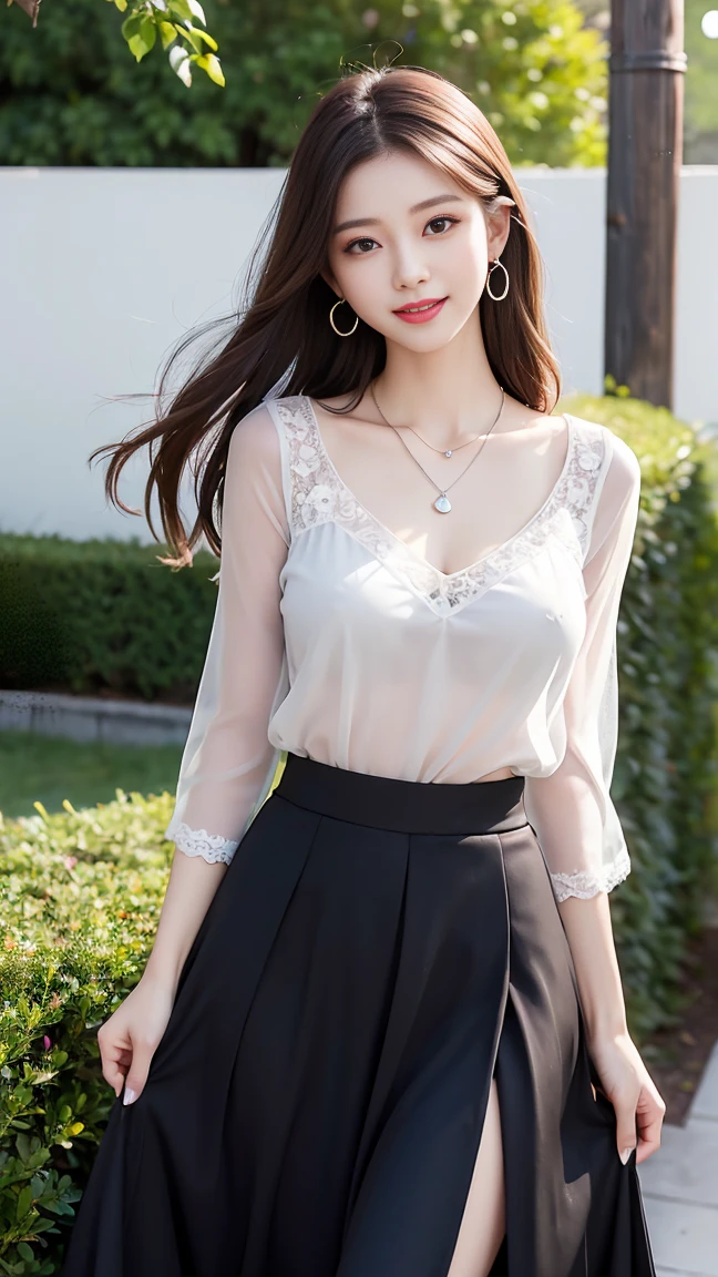 (Highest quality、 8k 、masterpiece、High resolution)、wallpaper、Young Woman、Ample breasts、Beautiful clavicle、Slender beauty、(Brown hair medium、My hair is blowing in the wind、Flows backwards)、whole body、 (Beautiful Face,Beautiful Eyes,Beautiful nose,Pretty lips)、(Flower Earrings、silver heart pendant necklace)、(Feminine Style、3/4 Sleeve Lace Blouse、Black see-through long skirt)、Her mouth opens slightly and a smile appears.、Dynamic pose、Outdoor、garden、Colorful flowers、looking at the camera、Professional Lighting、Professional photographer、