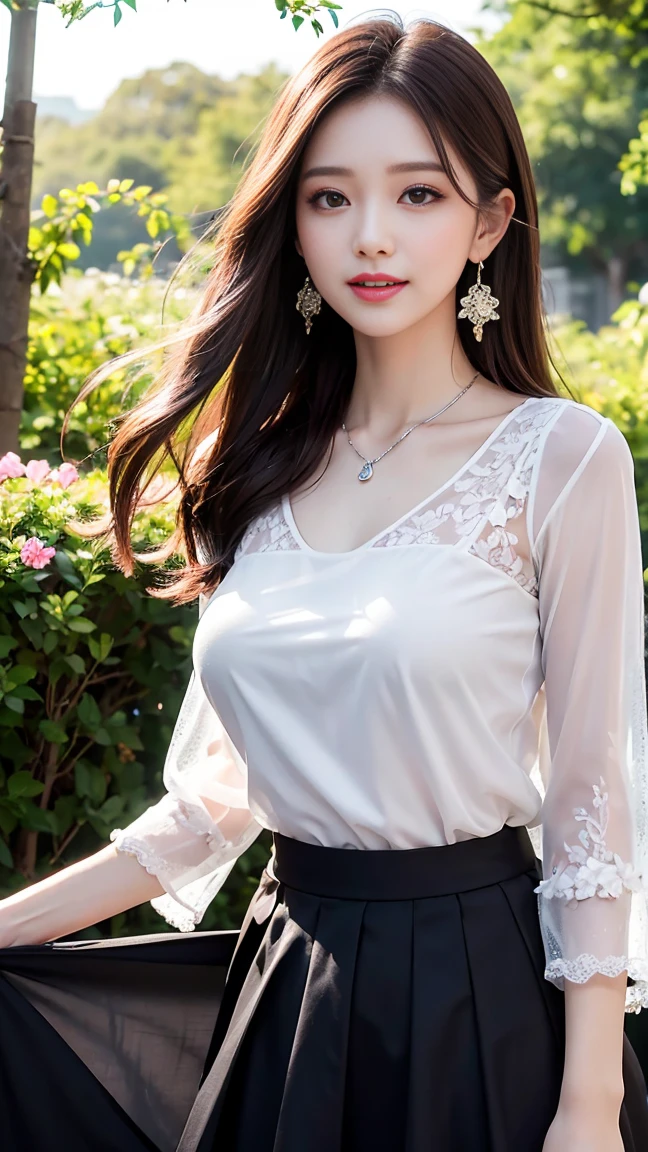 (Highest quality、 8k 、masterpiece、High resolution)、wallpaper、Young Woman、Ample breasts、Beautiful clavicle、Slender beauty、(Brown hair medium、My hair is blowing in the wind、Flows backwards)、whole body、 (Beautiful Face,Beautiful Eyes,Beautiful nose,Pretty lips)、(Flower Earrings、silver heart pendant necklace)、(Feminine Style、3/4 Sleeve Lace Blouse、Black see-through long skirt)、Her mouth opens slightly and a smile appears.、Dynamic pose、Outdoor、garden、Colorful flowers、looking at the camera、Professional Lighting、Professional photographer、