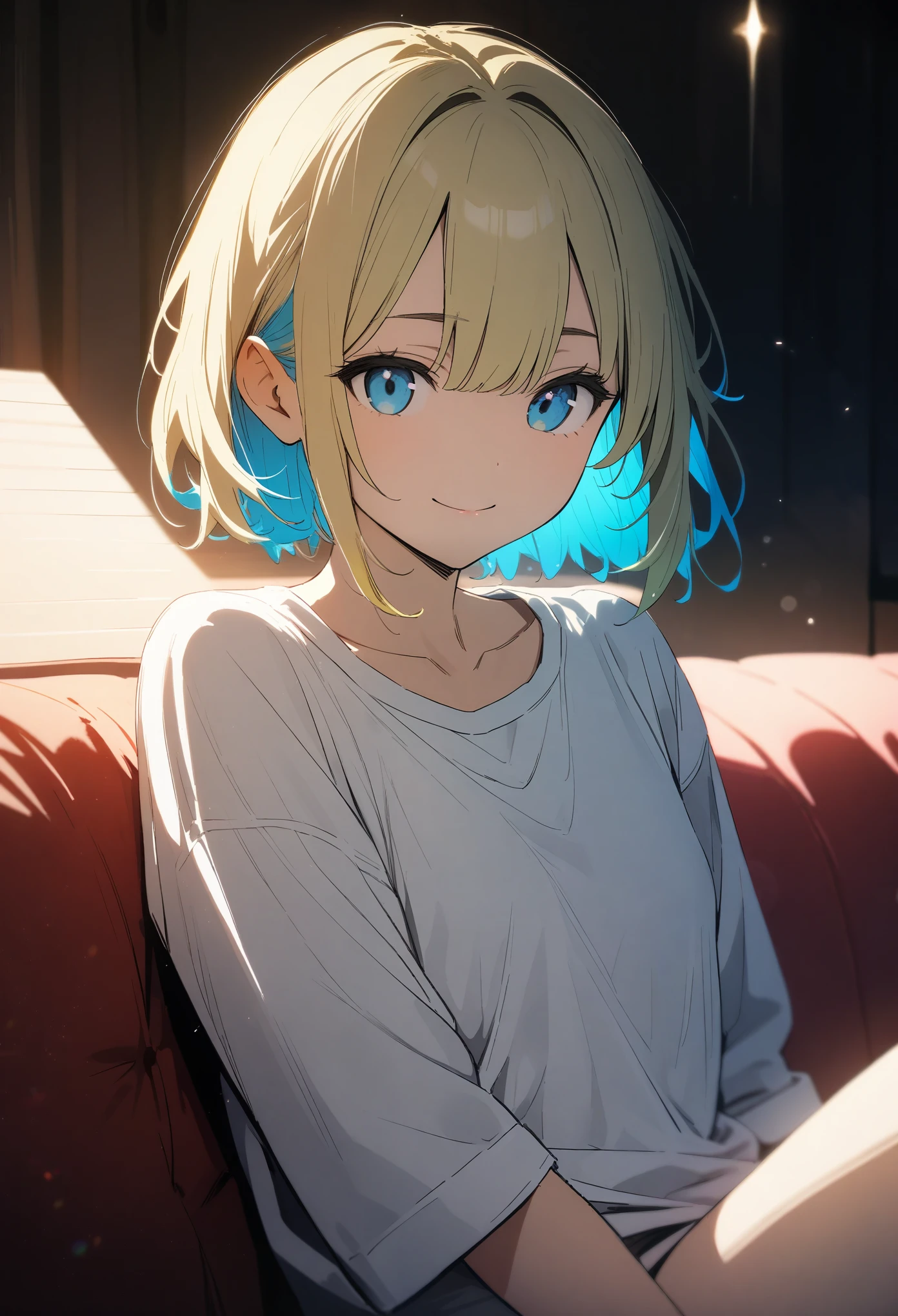 17-year-old girl, ((A pure white shirt worn sexy))、(Yellow hair colour、Light blue inner color hairstyle,Shortcuts), Beautiful Hair, Facial Contour, Remember, Lounge, moonlight、splash, Lens flare,, Natural Color, High resolution, Very delicate, Very detailed, 8k,(Breast swelling、About B cup)、(Shyness),((Sexual))、((A naughty feeling)),smile、sofa、(Sexualな画角)、View from knee