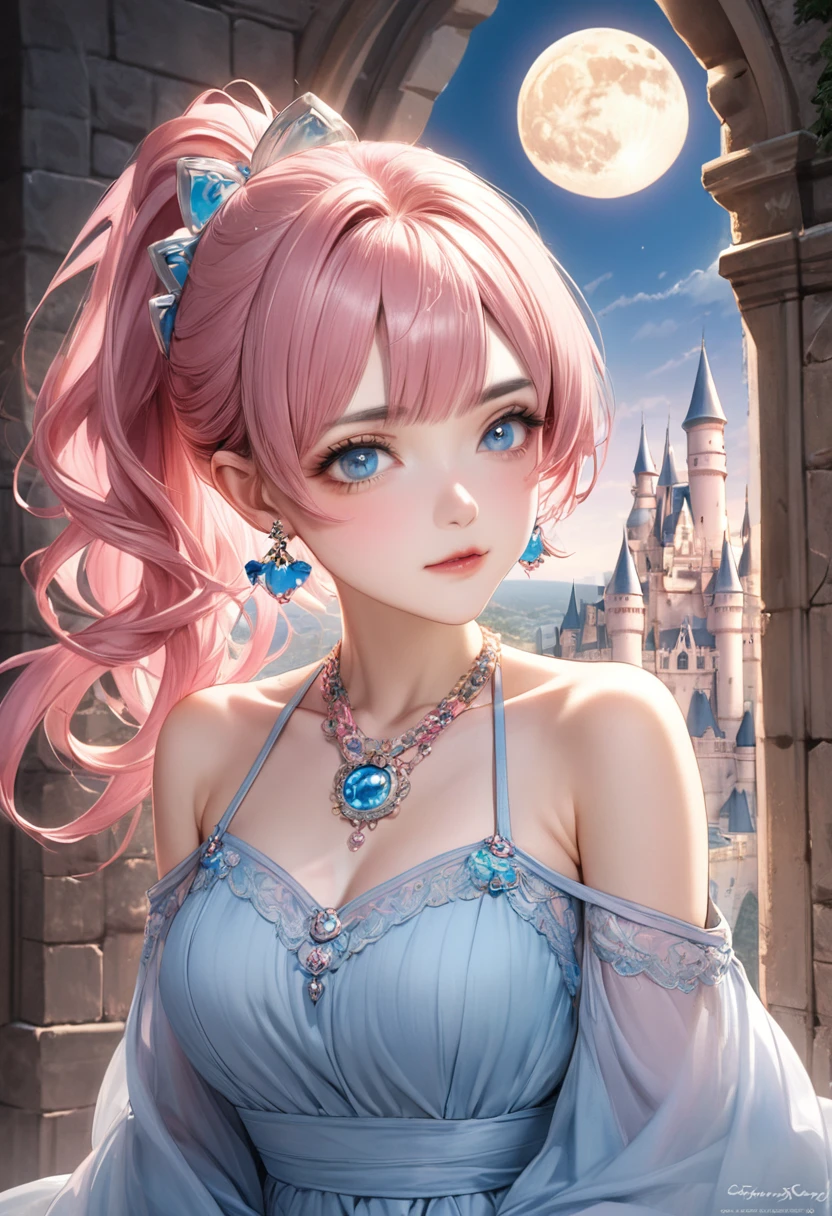 1 female Pink hair ponytail Thin pink eyebrows Dull light blue eyes society Pastel blue long dress Inside the castle full moon hair ornaments Earrings and matching necklace
