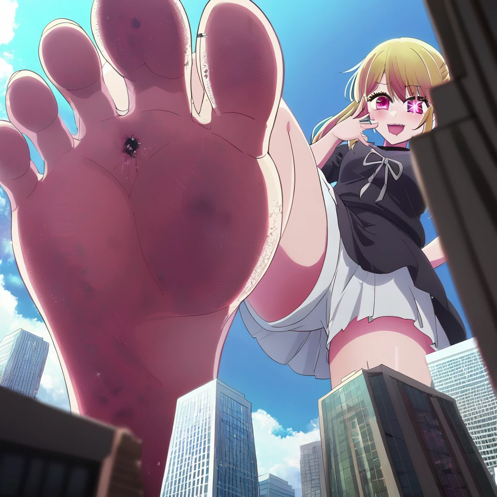 1 girl, oshi no ko, ruby hoshino, stepping, stepped on, pov, angle from above, no shoes, feet, looking down, toes, one foot out of frame, leg lift, foot focus, barefoot, standing on one leg, depth of field, outdoors,( foreshortening:1.2), facial blur, blurry face, building, city, sky, cloud, giantess, mega size, masterpiece, best quality, absurdres, ultra detailed, grinning, blonde, evil sadistic yandere glare, 6 pointed star pupil on right eye, five toes, detailed star pupil, full body shown, stinky feet, extremely dirty feet, detailed dirty feet, detailed full body, crushing a city with bare foot, a panel of her laughing at the side, 5 toes only, high quality, not out of frame, detailed eyes, the shape of a perfect foot, the shape of perfect legs, perfect body shape, 5 fingers, comic, detailed comic, detailed mouth, perfect eyes, perfect eyebrows, tiny people stuck on her feet, tiny people tied to her feet