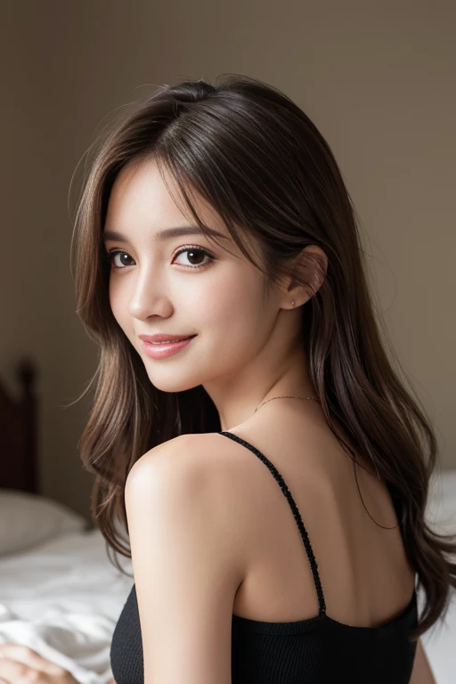 Highest quality, Realistically, Super detailed, High resolution, Plain background，8k wallpaper, One beautiful woman,,Light brown messy hair, Black see-through knit dress, Lock Focus, Perfect dynamic composition, Beautiful Eyes, Delicate hair, smile, Close-up portrait, Model body type, On the bed