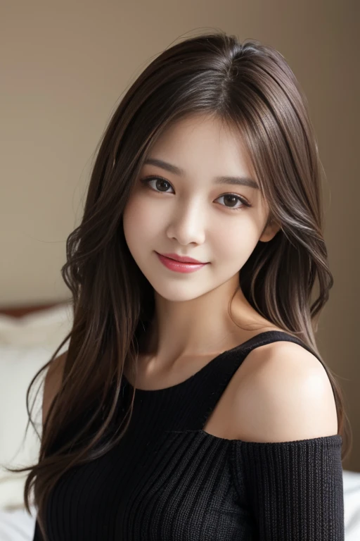 Highest quality, Realistically, Super detailed, High resolution, Plain background,8k wallpaper, One beautiful woman,,Light brown messy hair, Black see-through knit dress, Lock Focus, Perfect dynamic composition, Beautiful Eyes, Delicate hair, smile, Close-up portrait, Model body type, On the bed
