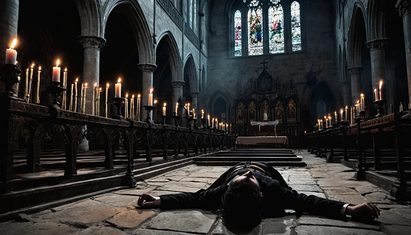 Draw a dark scene inside an ancient church, where a demon-possessed Christian pastor is about to sacrifice a girl. The pastor should have a malevolent expression and glowing eyes that indicate his possession. The girl, tied up with ropes, should be lying down on a stone altar, with an expression of fear. The environment must be dark, lit only by black candles, which are spread across the floor and melting wax. The architecture of the church must be Gothic, with dark stained glass windows and wrought iron details. The general mood of the scene must be one of horror and despair.