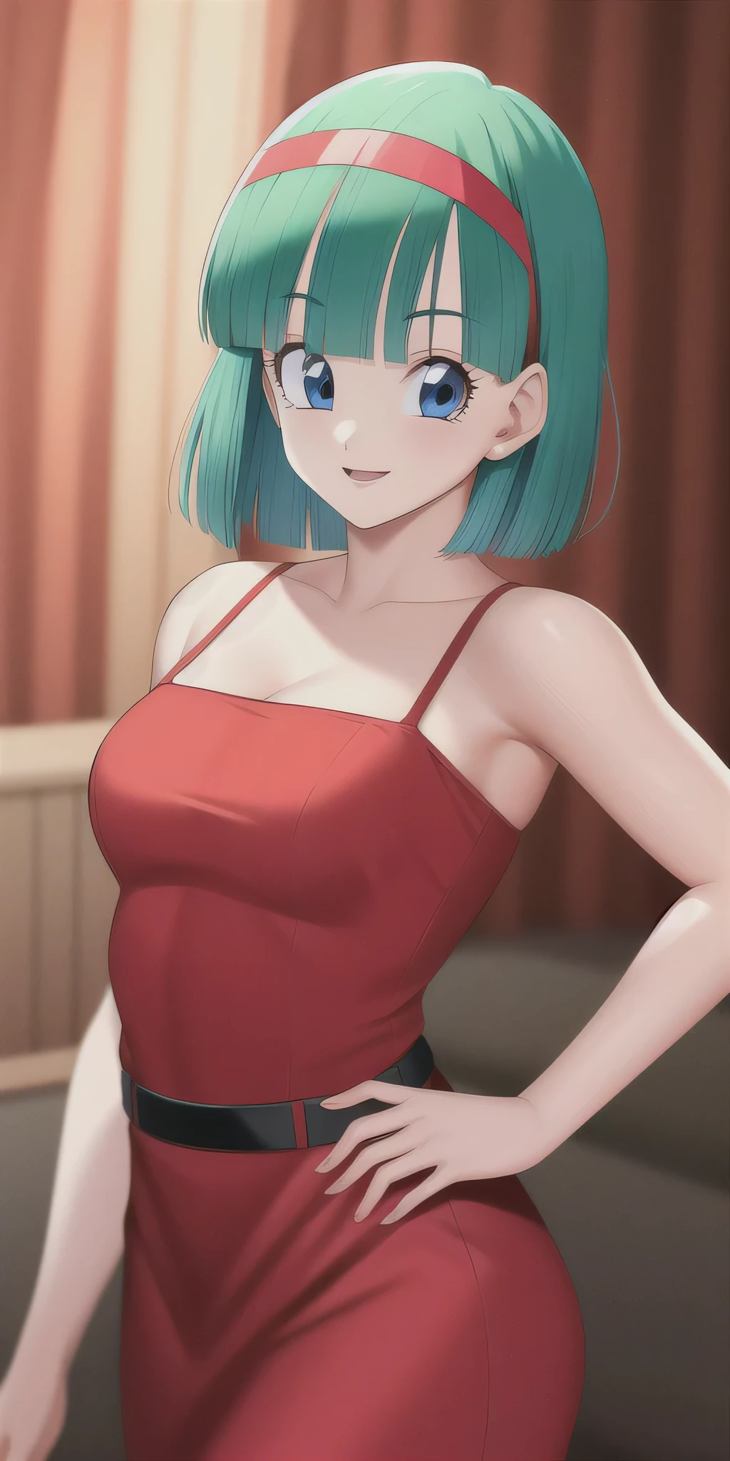 buruma_brief_older, buruma_dbz_namek, standing, solo, medium_breasts, masterpiece, best quality, detailed face, detailed eyes, highres, red dress, taut dress, spaghetti strap red dress, sleeveless, light smile
