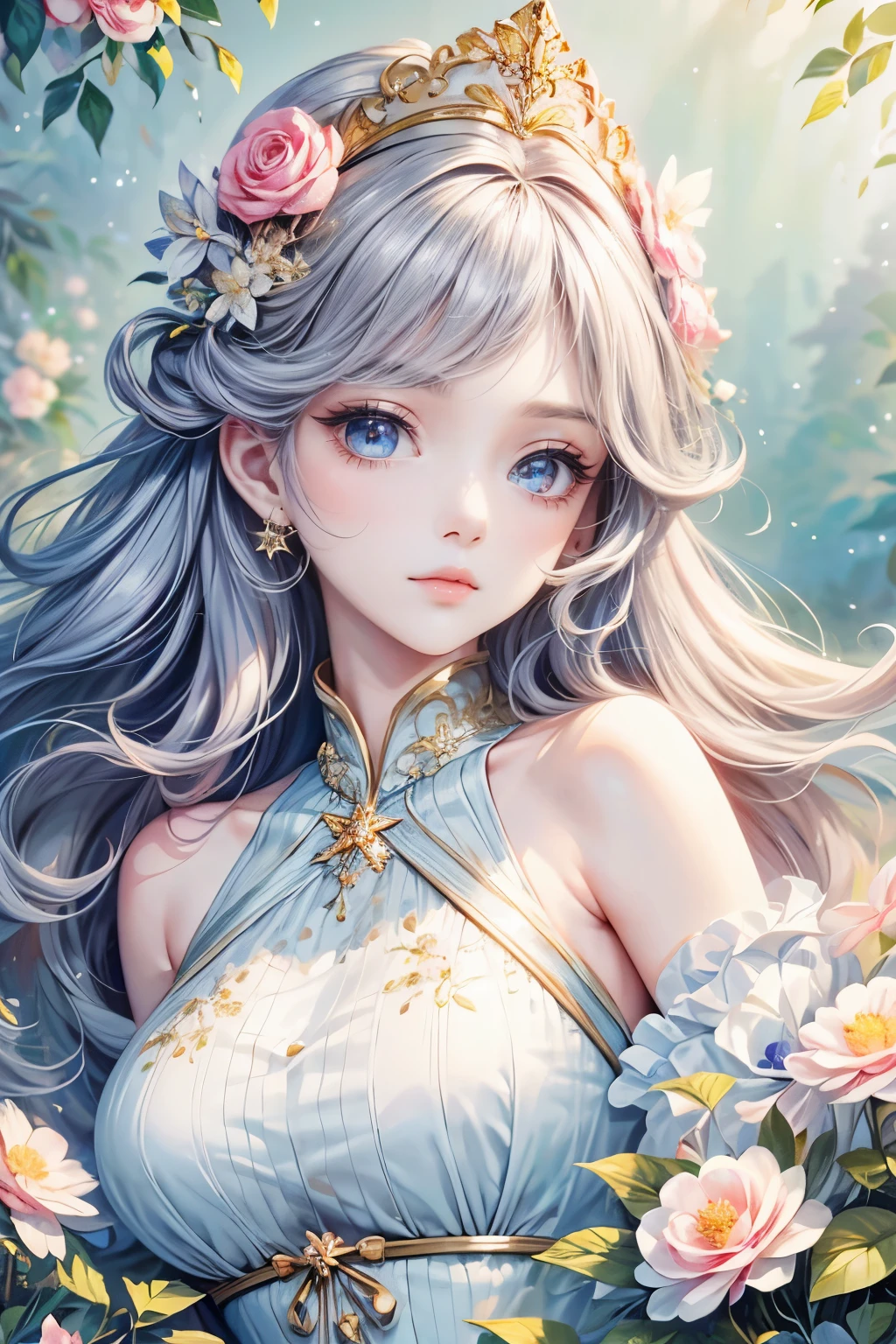 (best quality,8K,CG),Rich details on the upper body, girl,Floral forest background,Complex facial features,Elegant long curly hair,big almond shaped eyes,Detailed eye makeup,Long eyelashes,Twinkling Stars,Exquisite lip details,Pastel style.