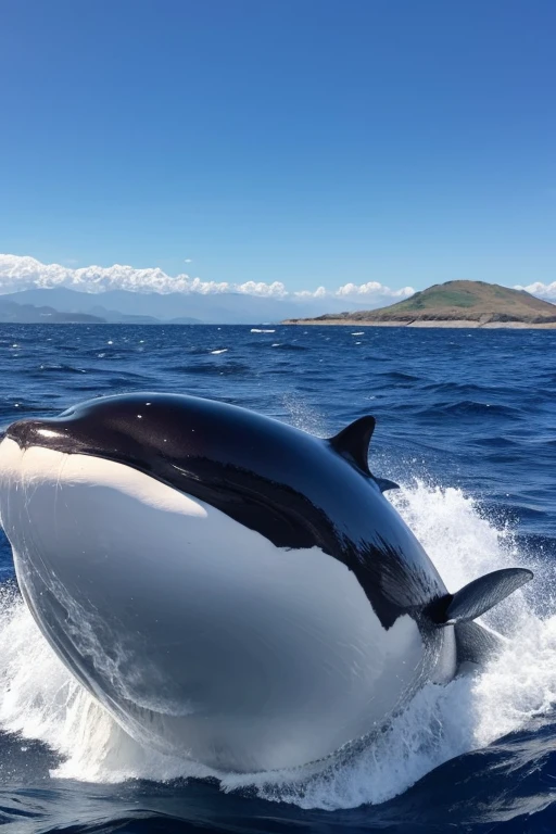 Killer whales seen from the ocean floor, no people, beautiful sea surface seen from the ocean floor