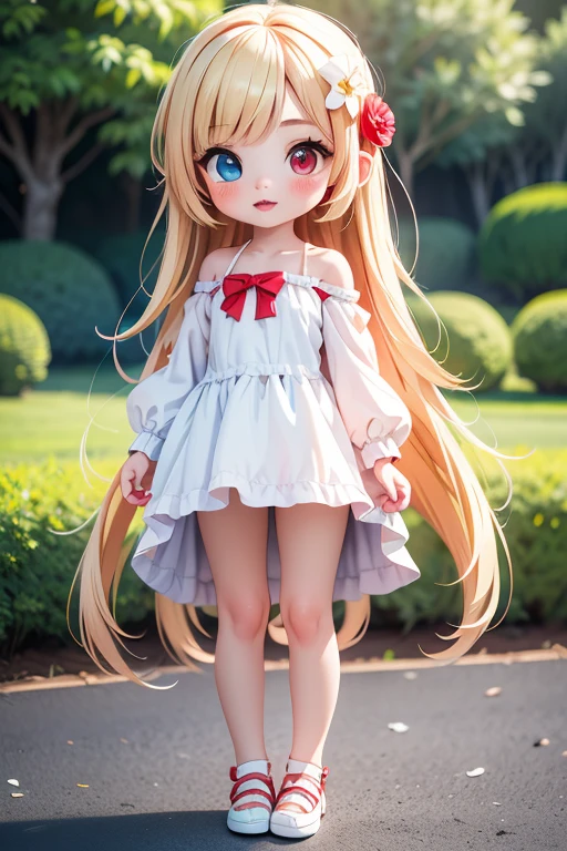 (best quality:1.4),(masterpiece:1.4),(8K:1.4),(extremely detailed:1.4),1girl,(heterochromia:1.4),(red eyes:1.4),(blue eyes:1.4),bare legs,bare shoulders,black footwear,(very long blonde hair:1.2),blue eyes,breasts,cake,cup,dress,flower,hair flower,hair ornament,heterochromia,high heels,lamp,long hair,long sleeves,looking at viewer,parted lips,plant,plate,potted plant,red eyes,solo,thighs,underwear,vase,very long hair,white dress,white flower,standing,