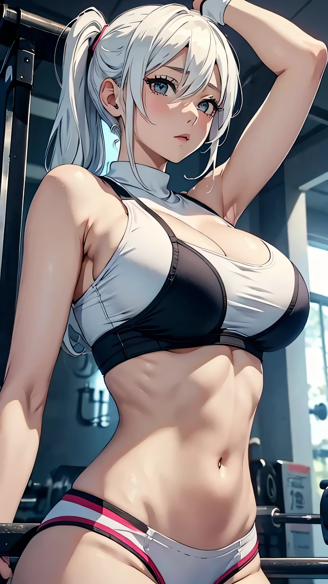 Anime girl big boob
Tight bra
White hair
In gym