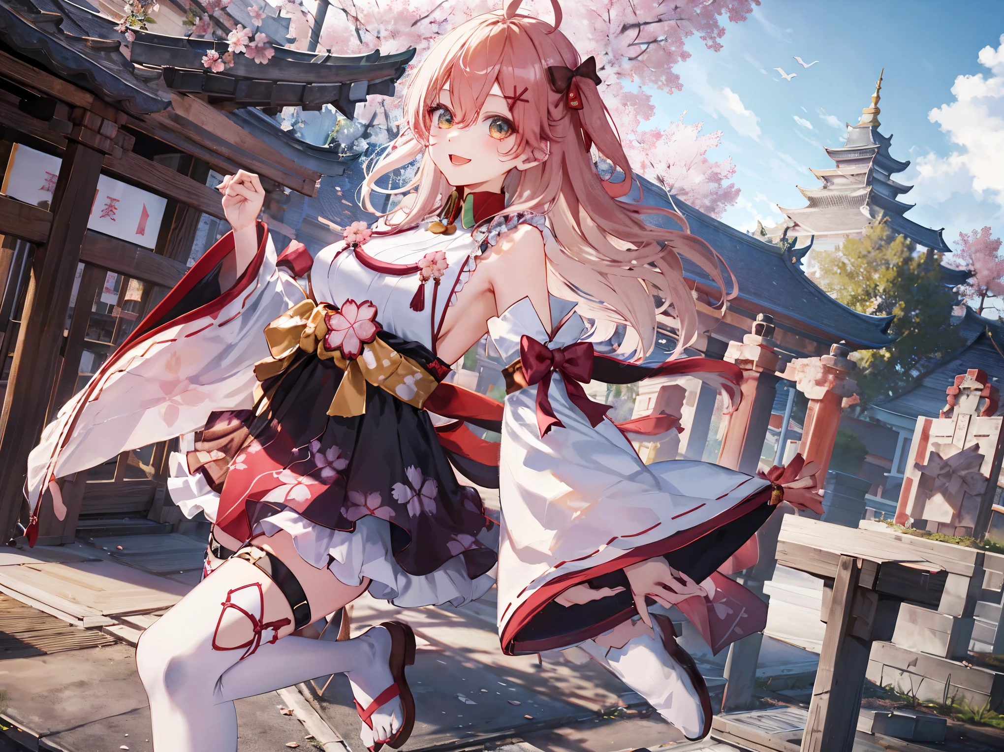 masterpiece, best quality, highres, miko1, sakura_miko, 1girl, big_boobs, solo, ahoge, x_hair_ornament, pink_hair, floral print, hairclip,(side_less_clothes:1.5), (side_boobs:1.5), hair_bell, floral print, long_hair, hair between eyes, one side up, white thighhighs, asymmetrical legwear, wide sleeves, open_mouth,(happy:1.3),gleen_eyes,big_smile,(rise_leg:1.3),plump,apart_legs,(overly_long_sleeves:1.3),),sleeves_past_wrists,hands_hidden_sleeves,sidelock_clothes,dynamic_posing,solo,hidden_wrists,(XD:1.4),covered_nipples,sunlight,cherryblossom_temple_landscape_background,