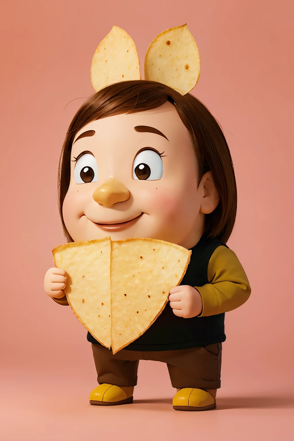mascot illustration that resembles a potato eating potato chips