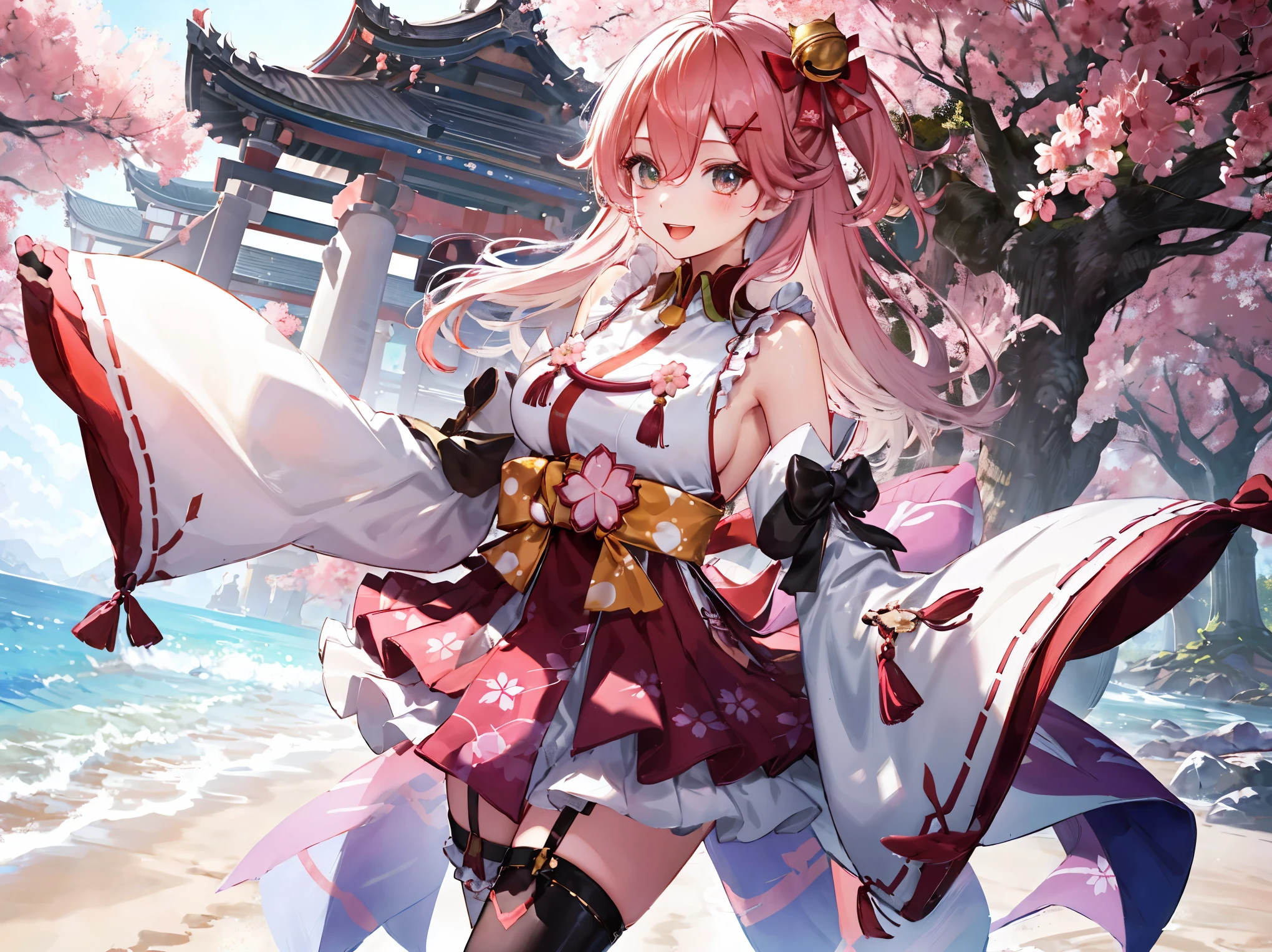 masterpiece, best quality, highres, miko1, sakura_miko, 1girl, big_boobs, solo, ahoge, x_hair_ornament, pink_hair, floral print, hairclip,(side_less_clothes:1.5), (side_boobs:1.5), hair_bell, floral print, long_hair, hair between eyes, one side up, white thighhighs, asymmetrical legwear, wide sleeves, open_mouth,(happy:1.3),gleen_eyes,big_smile,(rise_leg:1.3),plump,apart_legs,(overly_long_sleeves:1.3),),sleeves_past_wrists,hands_hidden_sleeves,sidelock_clothes,dynamic_posing,solo,hidden_wrists,(XD:1.4),covered_nipples,sunlight,cherryblossom_temple_landscape_background,