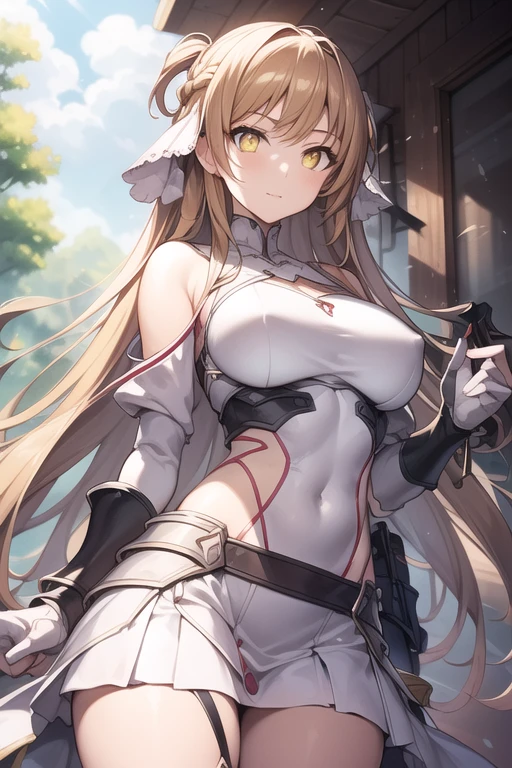 NSFW, uncensored, One girl, A strong, heavily armored male soldier using a great sword., Two people having a party, Light carmine hair, Yellow Eyes, Braiding, french Braiding, Long Hair, Twin tails, Both sides up, Sweat, Hot body, Glowing Skin, gentle eyebrows, Bright red face, Eyes that seduce a man, (pulling 日本ese sword from sheath on waist), Hard, pointed nipples visible through her costume, Air hand job with tongue sticking out,
No mask, No anal sex, No peace, Do not bite cloth or strings,
(((Large Breasts))), outside, An open grassland in the forest,
White dress style armor, 左腰に鞘付きのカタナを帯knife, 白いleotard風の革鎧と胸元が開いたドレス風の衣装, The armor is made of a hard, metallic white alloy that is tailored to the female bodyline and encases the chest like a bra., Wearing hard metal armor with light pink trim around the edges, He was wearing sturdy white metal armor and gauntlets from his arms to his fingertips., Legs are made of full metal plate armor, Place々The gold decoration is used as an accent., The pleated white mini skirt has gold trim and accent colors on the edges.. On top of that, he wears large metal waist armor that can hold multiple cross belts on both sides of his waist to secure his weapons., 左腰にカタナの入った鞘を帯knife, Several leather pouches on the right hip, A leather bag large enough to hang from the hip is attached to the back of the waist., 
(((Clothing))), (((コスチュームはoutsideさずオーバーハイニーソックスを履いている))), 
A man&#39;s monster cock will never be inserted into his ass, 

From before, Standing pose design, The weapon is a traditional Japanese katana daito and a sheath, The sheath is held in the left hand and attached to the holder on the left hip., 右手で長いknife身のjapanese swordの柄を持ち抜knifeして構えている。
(Holding (knife:1.2)), (The blade glitters),

break covered navel, elbow gloves, gloves, leotard, Thigh straps, 
break looking at viewer, 
break indoors, 
break anal sex, monster cock anal sex,
break (masterpiece:1.2), Highest quality, High resolution, unity 8k wallpaper, (figure:0.9), (Beautiful attention to detail:1.6), Highly detailed face, Perfect lighting, Highly detailed CG, (Perfect hands, Perfect Anatomy), 