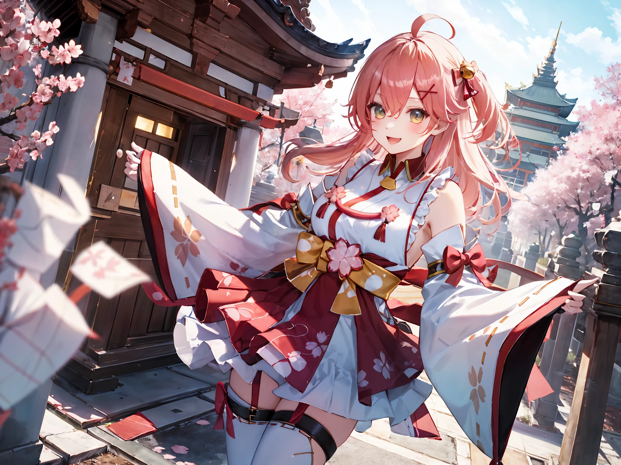 masterpiece, best quality, highres, miko1, sakura_miko, 1girl, big_boobs, solo, ahoge, x_hair_ornament, pink_hair, floral print, hairclip,(side_less_clothes:1.5), (side_boobs:1.5), hair_bell, floral print, long_hair, hair between eyes, one side up, white thighhighs, asymmetrical legwear, wide sleeves, open_mouth,(happy:1.3),gleen_eyes,big_smile,(rise_leg:1.3),plump,apart_legs,(overly_long_sleeves:1.3),),sleeves_past_wrists,hands_hidden_sleeves,sidelock_clothes,dynamic_posing,solo,hidden_wrists,(XD:1.4),covered_nipples,sunlight,cherryblossom_temple_landscape_background,
