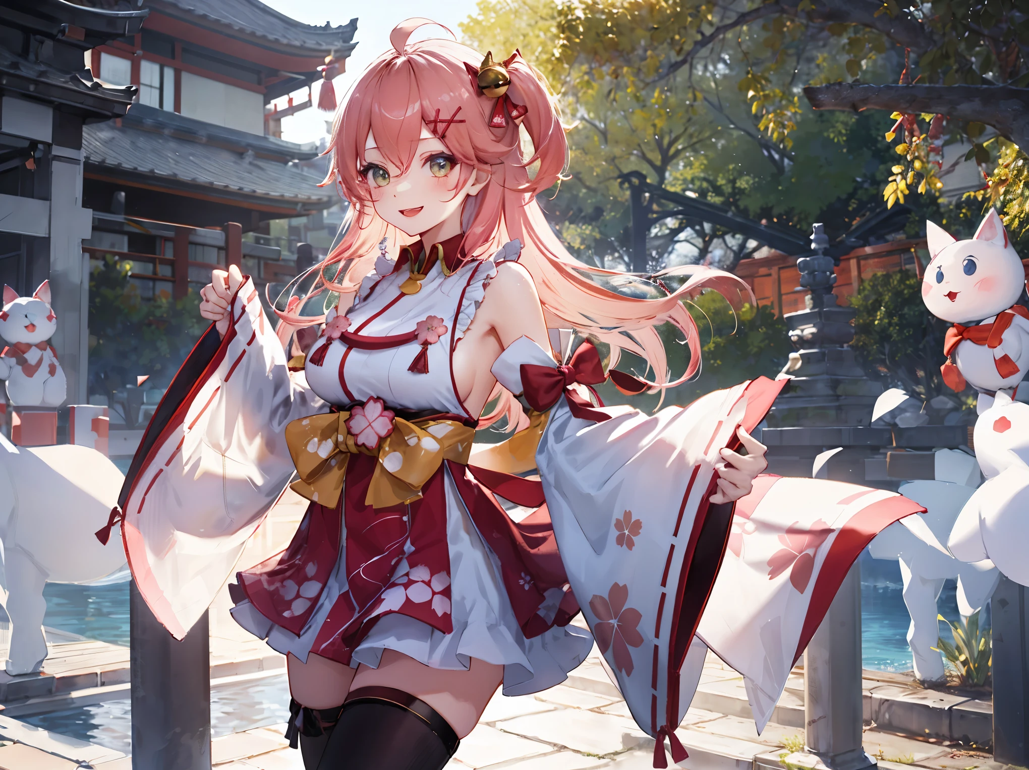 masterpiece, best quality, highres, miko1, sakura_miko, 1girl, big_boobs, solo, ahoge, x_hair_ornament, pink_hair, floral print, hairclip,(side_less_clothes:1.5), (side_boobs:1.5), hair_bell, floral print, long_hair, hair between eyes, one side up, white thighhighs, asymmetrical legwear, wide sleeves, open_mouth,(happy:1.3),gleen_eyes,big_smile,(rise_leg:1.3),plump,apart_legs,(overly_long_sleeves:1.3),),sleeves_past_wrists,hands_hidden_sleeves,sidelock_clothes,dynamic_posing,solo,hidden_wrists,(XD:1.4),covered_nipples,sunlight,cherryblossom_temple_landscape_background,