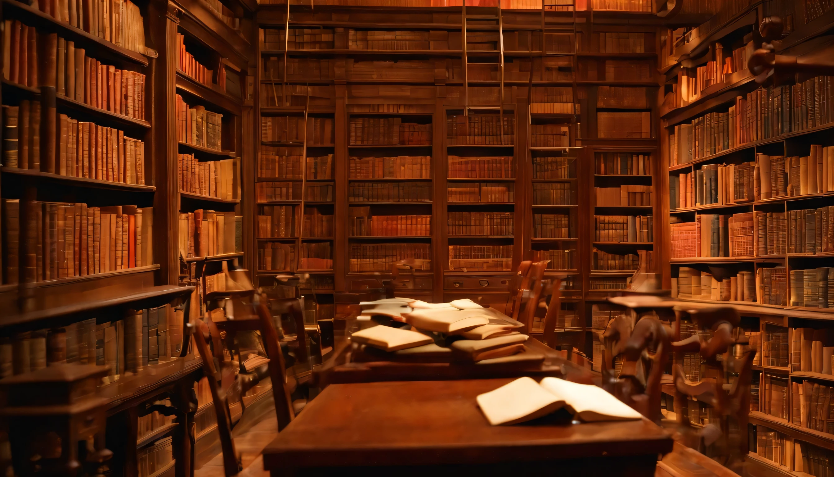 The image shows shelves filled with a variety of books, some old and some new, arranged horizontally. The image has warm colors, reflecting the calm lighting of a quiet library. The books are of different sizes and colors, with some having colorful covers and others having traditional brown covers. The printed texts on the book cover vary, indicating a wide range of subjects. The background is slightly blurred, directing the focus towards the details of the books in the foreground.