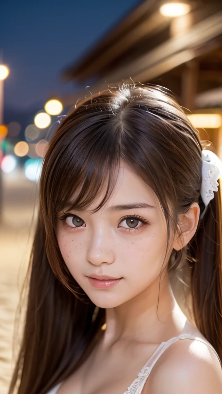 One Girl, (Beautiful girl, Delicate girl:1.3), (21 years old:1.3),
break, Browsing Caution, (White lace camisole, erect nipples),
break, Extremely detailed eye resolution, (Symmetrical eyes:1.3),
break, (Sandy beach at night:1.3), perfectly trimmed fingers,smile:1.1、Open your mouth a little、
break, Small breasts, Brown eyes, forehead, Brown Hair, short twintails、Headband、
break, (freckles、Eye and facial details:1.0),
break, (masterpiece, Highest quality, Super detailed, Detailed face, 8k)