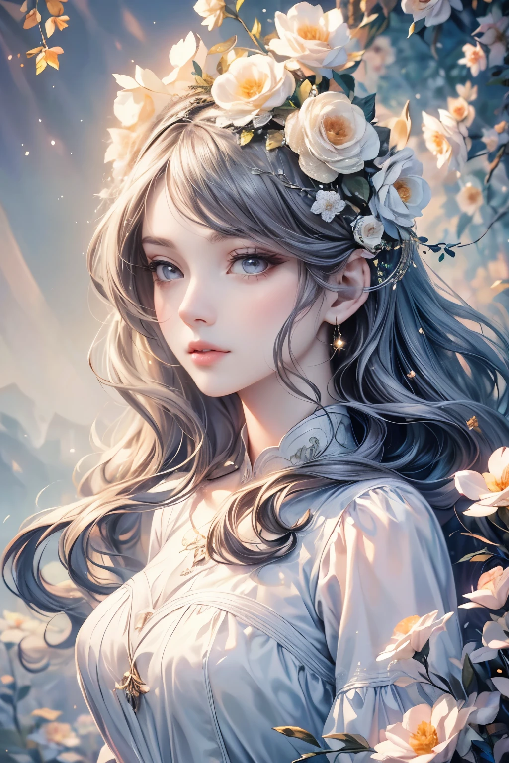 a girl in a floral forest, exquisite facial features, elegant long wavy hair, almond-shaped big eyes, detailed eye makeup, long eyelashes, sparkling stars, delicate lips details, soft style, (best quality,8k,cg),highly detailed portrait,photorealistic,cinematic lighting,dramatic shadows,muted color palette,fantasy,dreamlike