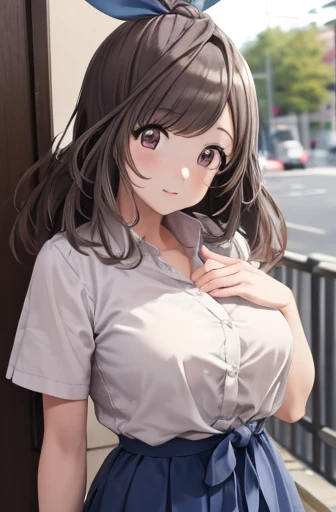 koganetsukioka, kogane tsukioka, (brown eyes:1.5), brown hair, hair tie, ponytail, BREAK bare legs, blue skirt, collarbone, collared shirt, miniskirt, shirt, short sleeves, skirt, tented shirt, tied shirt, tight clothes, tight shirt, white shirt, wing collar, BREAK looking at viewer, BREAK outdoors, BREAK (masterpiece:1.2), best quality, high resolution, unity 8k wallpaper, (illustration:0.8), (beautiful detailed eyes:1.6), extremely detailed face, perfect lighting, extremely detailed CG, (perfect hands, perfect anatomy),