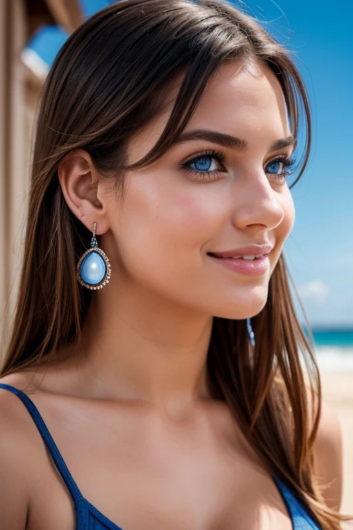 1 fille, Longhaire, blue eye, High resolution, accurate, tetas grandes, Earrings, ssmile, Next to, multiple views,
