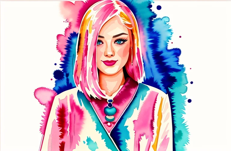 Vibrant watercolor-style illustration of a woman with striking facial features. The subject has fair skin, blue eyes, and bold makeup, including red lipstick and defined eyebrows. Her hair is depicted in a mix of colors, including blonde, green, and hints of red, flowing in soft waves. She is wearing a pink jacket with a white shirt underneath. The background is an abstract blend of bright colors, including pink, blue, and green, adding to the dynamic and lively feel of the artwork. The overall composition is modern and expressive, capturing a sense of boldness and creativity.