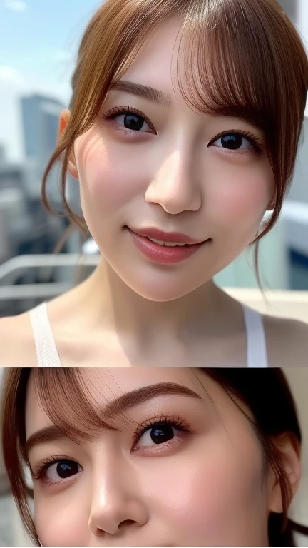 Beautiful Japanese actresses,1 girl,flying debris,,Award-winning photo, Very detailed, Close your eyes, Nose and mouth,Face Focus, Extreme close up of face、 Age 35,Black Hair、Symmetrical face,Realistic nostrils、Angle from below、Elongated C-shaped nostrils NSFW,(Sharp Nose)Sweaty skin、Glowing Skin,(Brow wrinkles))(Cum on tongue)、Deep Kiss、((Thin eyebrows))Oily skin、Glowing Skin、double eyelid、、Beautiful woman、Medium Hair,With eyes wide open、Shortcuts、Summer cityscape、Off the shoulder、Ska can see the sky、Shibuya Center Street