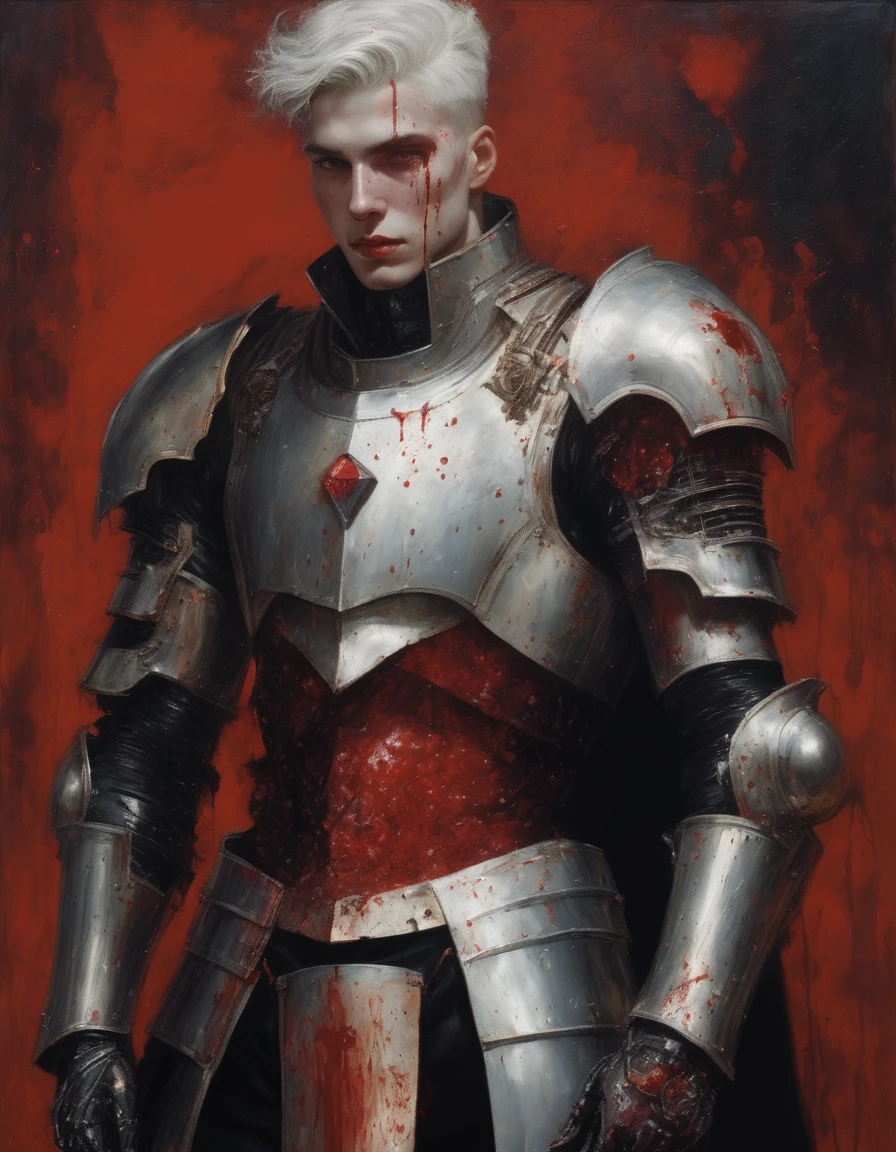 {{Masterpiece, best quality, oil painting, by J. C. Leyendecker, by Franz von Stuck, by Gustave Moreau}}, ((((((the full body portrait of a 20 year old male cyborg, manly, sexy, tall, muscular, flashing eyes, he has blood covered silver hair, splattered in blood scarred face, sullen, arrogant, haughty, majestic, furious)))))), ((((He is splattered in blood, wearing a blood covered white cyborg plate armor, with a red diamond shape on his chest)))). (((burning covered in blood background))), with a red diamond shape on his chest.