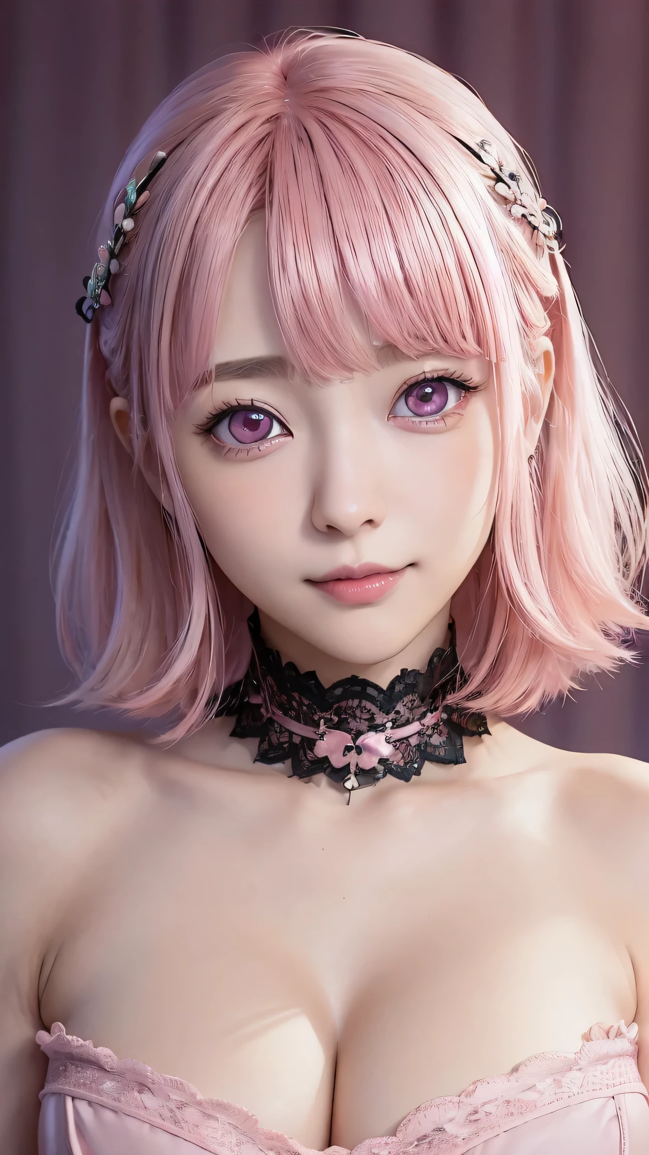 (4K quality:1.3),(Highest quality:1.3),(19 years old:1.3),(Large Breasts:1.6),Overdeveloped breasts:1.6,Big Breasts:1.6,Large Breasts in the World,Extra large chest:1.3,One of the largest breasts in the world,Saggy breasts,rich,Upper Body,smile,Japanese Voice Actors,Overflowing breasts,(jewelry),Captivate a man,Cleavage,(Con Cafe:1.5),(Celebrities:1.4),(thin:1.2),(Tight waist:1.4,(Night viewの良いホテル:1.1),(luxury:1.2),(Arisa Hanyu:1.5),(anorexia:1.4),(Night view:1.3),(Close up on face:1.2),Catchlight,(Child face:1.6),(smile:1.1),(Lori:1.5),(Pink Hair:1.6),(Short Hair),(Deep pink eyes:1.4),(2D cuteness:1.5),(Cute Makeup),Beautiful fingertips,Black lace collar